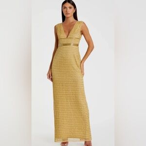 Mac Duggal Gold Beaded Cap Sleeve V Neck Column Gown *see note